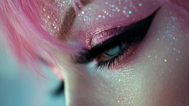 Extreme close-up of a beautiful female eye with shiny glitter, pink eyeshadow and long lashes