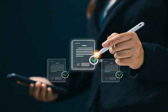 Digital approval and document verification concept with checklist and stylus on mobile device, business workflow management, quality control system, online validation, productivity.