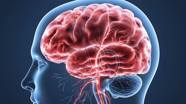 A detailed 3D rendering showcases the intricate vascular system of the human brain, highlighting blood vessels and their complex network within the organ's structure.
