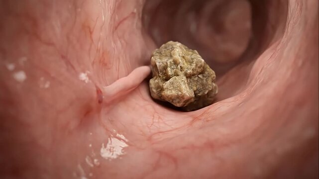 Body Stones of the human internal passage, depicting a rough calculus moving through a muscular duct.