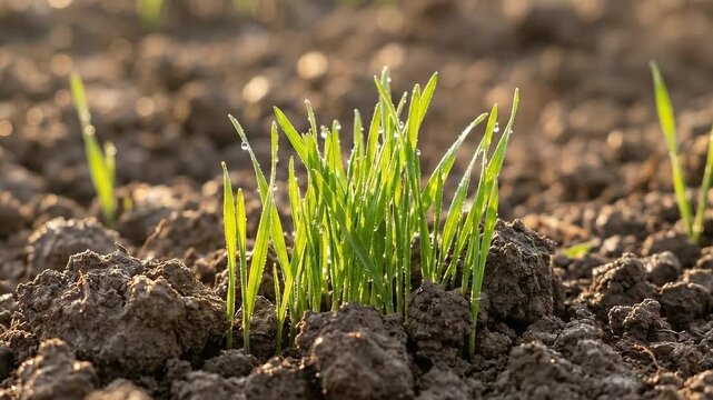 Green grass sprouts pushing through wet loamy soil