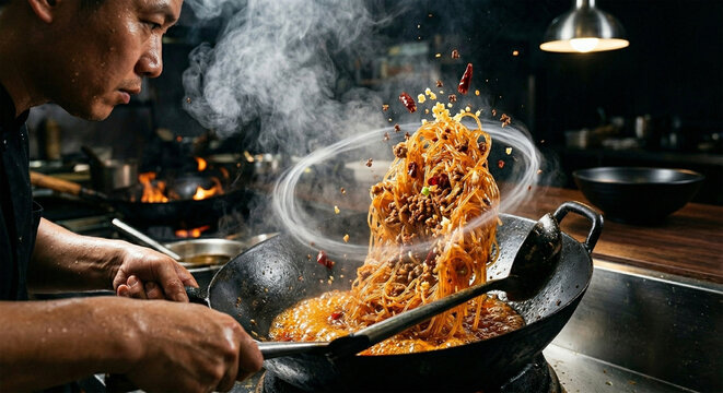An action shot of Ants Climbing a Tree being tossed in a heavy iron wok. The noodles are swirling with minced pork and aromatics. A thin veil of white steam and a hint of "wok hei" char are visible. 