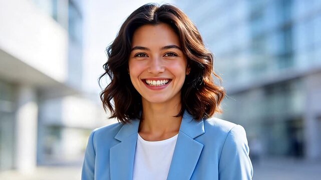Smiling woman in blue blazer outdoors