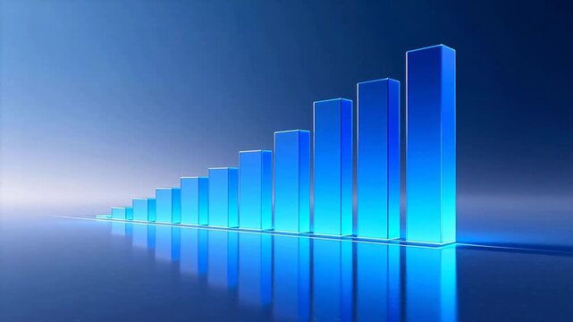Blue glowing bar chart on reflective surface