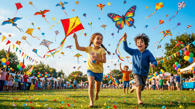 Happy Kids Running with Kites in the Park