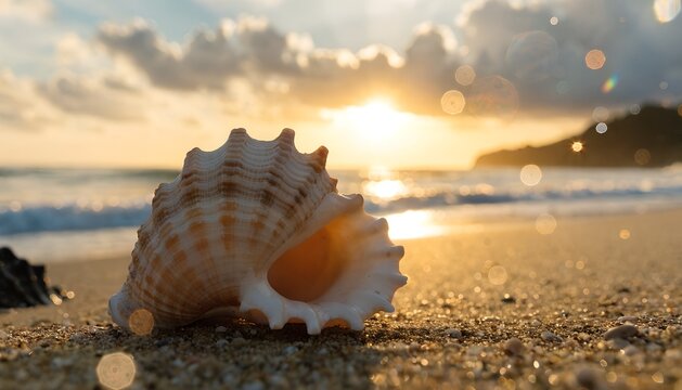 Close-up of a patterned seashell on sandy beach during sunset with bokeh light effects
