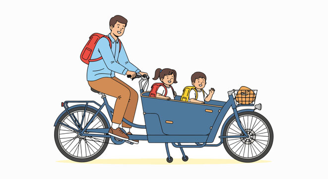 A man cycling with two children on a tricycle against a clean white background with a colorful and playful mood.