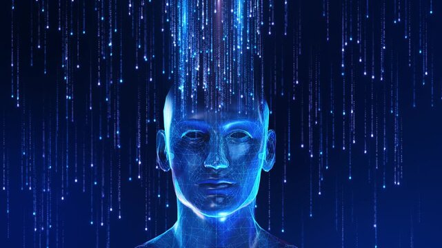 futuristic Artificial Intelligence human Face Falling Data Code Streams wireframe mesh falling. Digital data streams. machine learning, neural networks, big data processing, automation, AI technology
