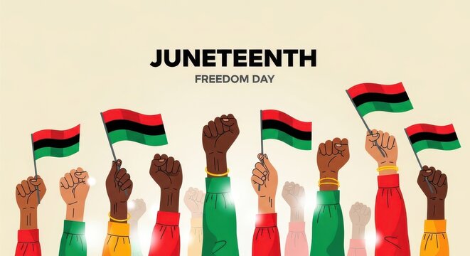 Juneteenth freedom day illustration with raised fists and panafrican flags
