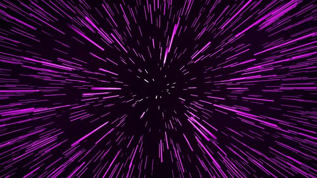 Fast-paced hyperspace jump video, futuristic digital motion, abstract white light trails accelerating into a black void