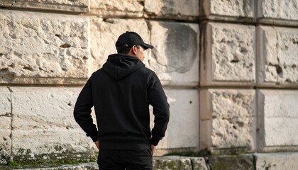 Obraz premium Man in Black Hoodie and Baseball Cap Standing Against Stone Wall, Back View, Urban Fashion Style