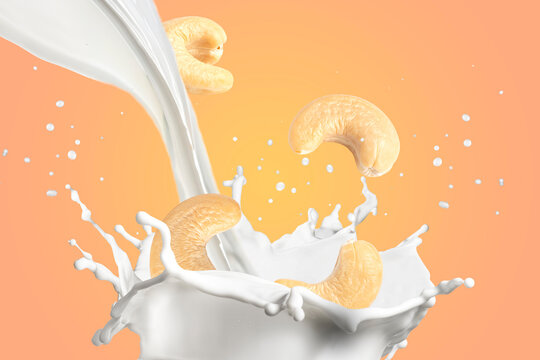 Cashew Nuts Falling on Milk Splash
