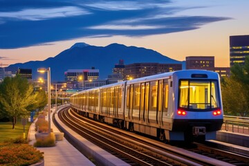 Obraz premium Modern train traveling on an elevated railway with illuminated city buildings and mountains in the background