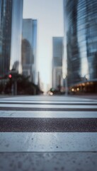Obraz premium Modern city crosswalk leads to towering skyscrapers bathed in soft daylight reflections