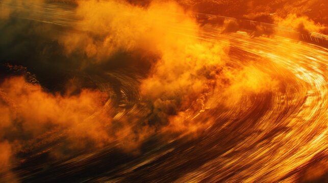 Golden smoke plumes billowing over a curved dirt speedway track
