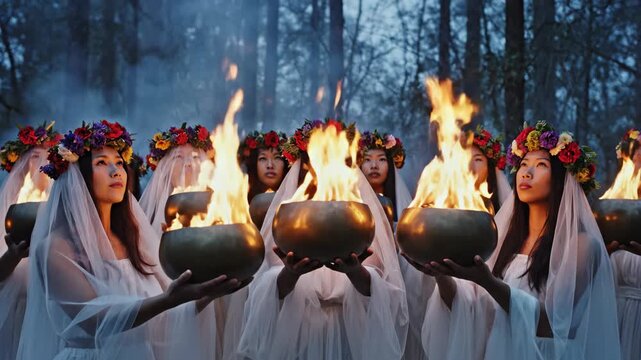 Mystical women in veils holding fire bowls in dark forest