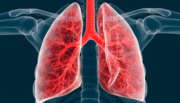 3D render of the human respiratory system featuring glowing red lungs, trachea, and intricate blood vessels within a pale blue skeleton outline against a deep teal background.