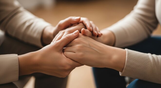 Woman support frand and holding hands while sitting. Empathy and compassion concept. Gentle support during difficult time. Psychological counseling and comfort for friend in need. Human connection.
