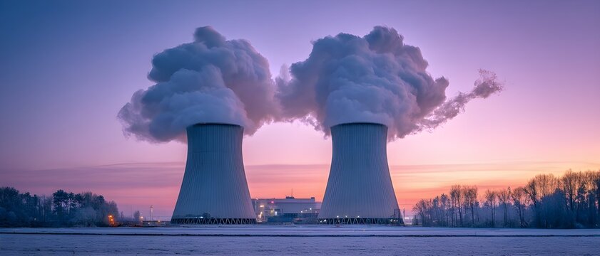 Pristine Twin Hyperbolic Cooling Towers Rising at Sunrise Deliver Atmospheric Power Generation Beauty and Balance