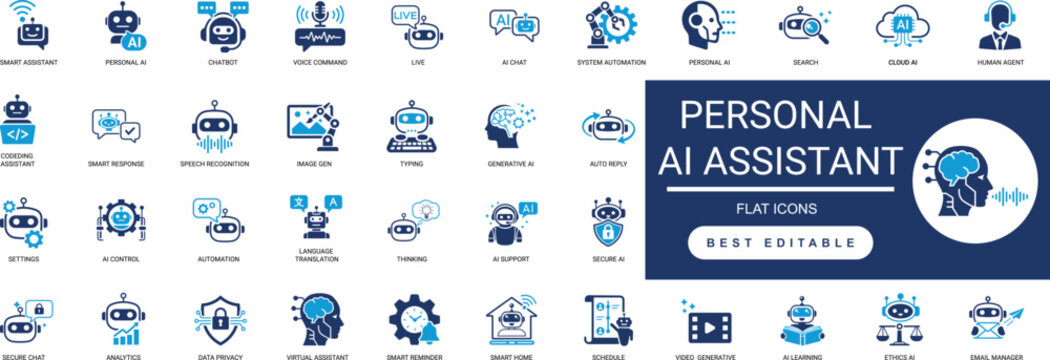 personal ai assistant solid icon set. virtual helper, chatbot, ai chatbot, voice assistant, generative, smart, technology, task management. editable vector illustration collection set.