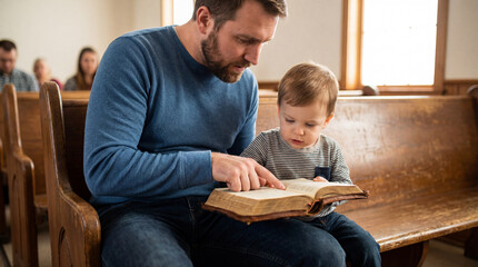 Father, son reading Bible, church pews, family, faith, spirituality © Muhammad