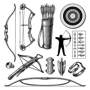 Archery equipment set: recurve and compound bows, target, arrows, quiver, crossbow, and shooting accessories.