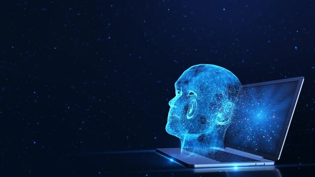 Futuristic animation of Artificial Intelligence Hologram Laptop Screen. artificial intelligence, machine learning assistant, and virtual support. Blue neon aesthetic with floating data particles. 3D