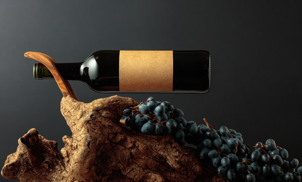 Unopened bottle of red wine, blue grapes, and old weathered snag.