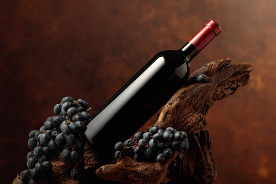 Unopened bottle of red wine, blue grapes, and weathered snag.