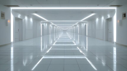 Fototapeta premium Immaculate Nuclear Facility Corridor with White Walls Reflects Clean Technology, Precision Operations, and Controlled Safety