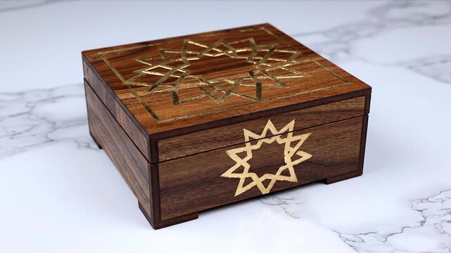 Ornate wooden jewelry box with intricate gold star inlay patterns, decorative treasure chest on a marbled surface