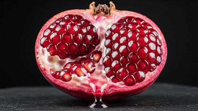 Fresh halved pomegranate with vibrant red arils on dark background