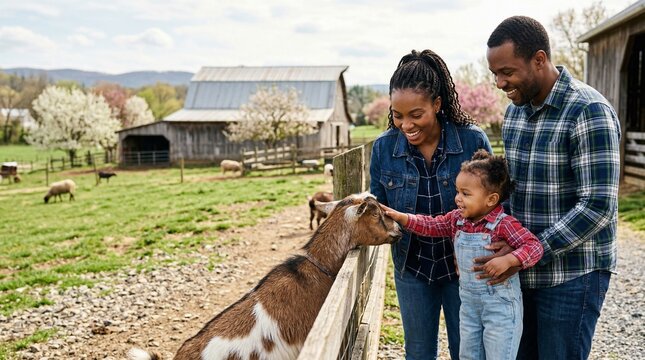 African American family with toddler petting a goat on a rural farm.