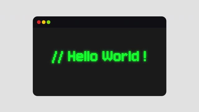 Hello World Code Snippet in Green Text Inside a Dark Terminal Window Interface