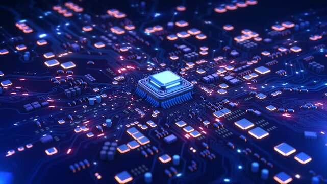 Futuristic Microchip CPU on Glowing Blue Circuit Board processing unit glowing with blue light orange accents dense motherboard. Perfect for hardware engineering, AI processing, supercomputer concepts