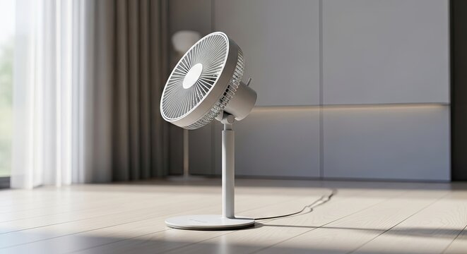 A sleek electric fan standing alone in a modern living room