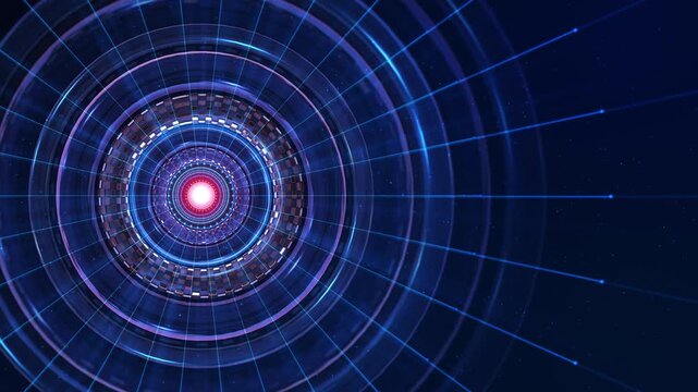 Futuristic Circular Data Core Tunnel Radial Light Beams. technology core concentric rings light beams. Sci fi data quantum portal, digital network hub, energy interface AI, cyber, innovation, tech 3D
