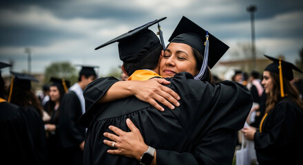 Obraz premium Graduate embracing proud parent at outdoor commencement ceremony in emotional moment