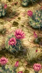 Fototapeta premium Fragile desert blooms watercolor illustration showcasing cacti pink flowers on cracked earth bathed in golden light