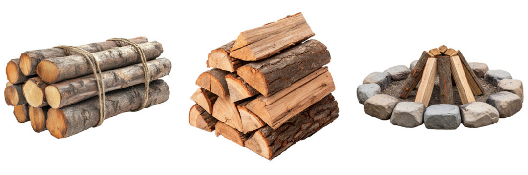 Collection of firewood in stacks and a stone fire pit, essential elements for outdoor campfires.