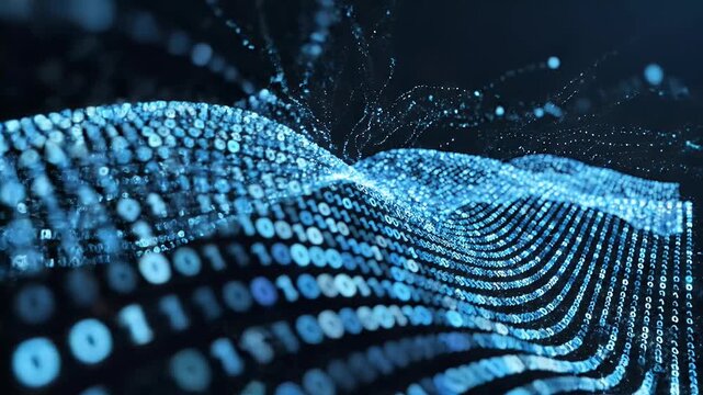A futuristic abstract visualization depicts a flowing, wave-like structure composed of binary code against a dark background, symbolizing data and digital information.