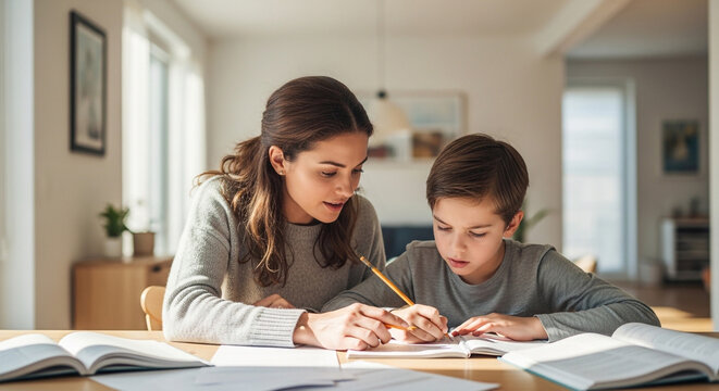 Mother and son doing homework together at home with warm natural light
