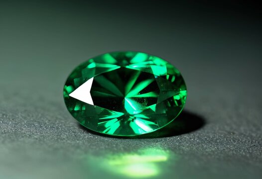 Sparkling oval-cut emerald gemstone resting on a stone surface
