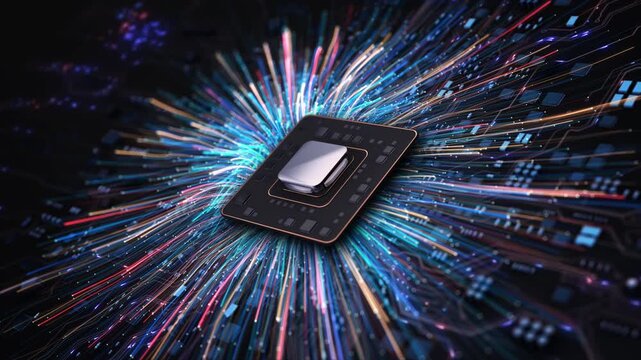 High Speed Processor Digital Data Explosion Effect powerful central processor chip by light trails fast data transfer cloud computing bandwidth. technology advertising innovation visuals presentations