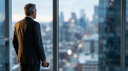 Fototapeta na wymiar Senior businessman looking at city skyline from modern office window at dusk.