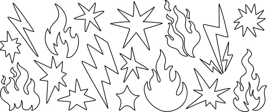 Cartoon fire and lightning doodle vector set with flames, sparks, and star bursts. Hand drawn outline elements for comic effects, energy themes, and dynamic designs. Minimal black line collection idea