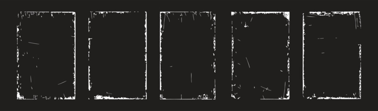 Grunge square frame vector set with distressed borders and worn edges. Rough vintage box outlines for posters, photos, and creative layout designs. Monochrome textured frames ideal for branding,