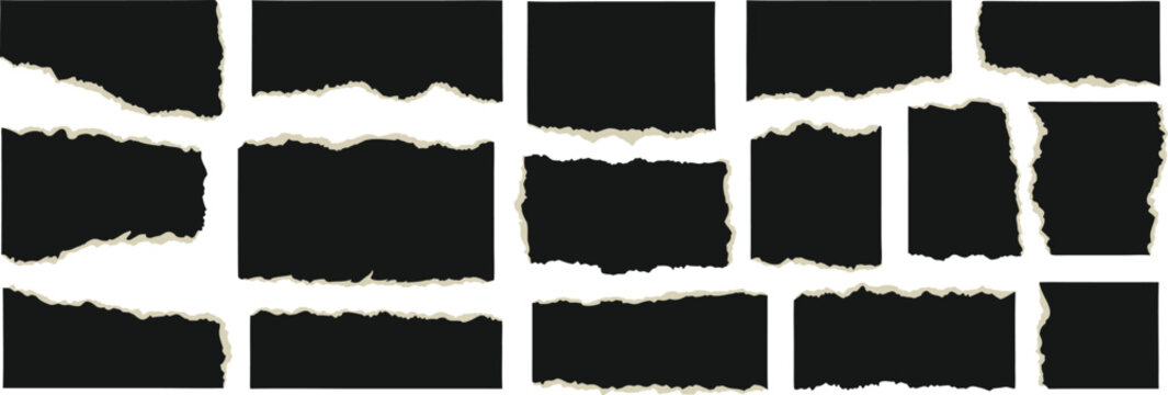 Torn paper edge vector set with ripped horizontal and vertical strips. Rough tear borders and jagged edges for collage, scrapbooking, and grunge design projects. Minimal monochrome elements ideal for 