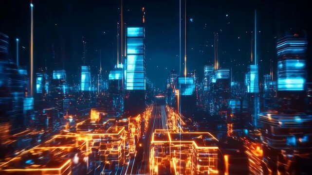 Smart city night skyline with glowing data stream vertical light beam network visualization