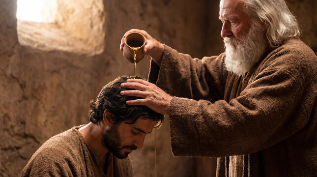 Biblical anointing ceremony with oil, elderly prophet blessing a young man, ancient religious ritual in stone temple, sacred spiritual consecration